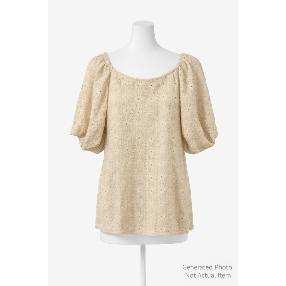 Harper 241 Beige Lace Eyelet Puff Sleeve Blouse Boho Cottagecore Small